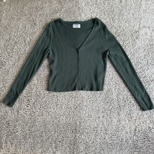 Oldnavy Ribbed Top Womens Medium Olive Green Cropped‎ Low Cut Buttons